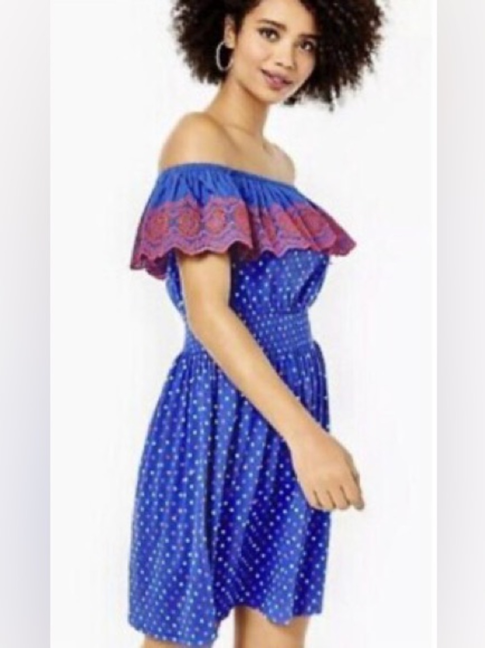❗️NWT Lilly Pulitzer Kalama Off Shoulder Blue Red Embroidered Ruffle Dress XL